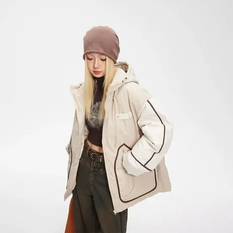复古潮牌拼接连帽保暖棉服女冬季加厚外套2023新款宽松设计感棉衣商品大图
