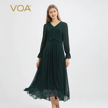 VOA乔其纱桑蚕丝孔绿色V领喇叭长袖明线装饰风琴褶淑女真丝连衣裙图片