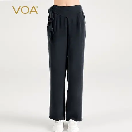 VOA30姆米重磅桑蚕丝藏青自然腰口袋腰带装饰活页休闲真丝直筒裤商品大图