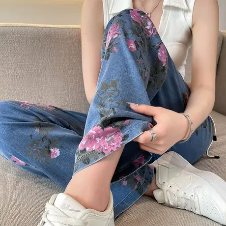 印花直筒阔腿牛仔裤女夏季薄款高腰显瘦宽松设计感民族风拖地裤子商品大图