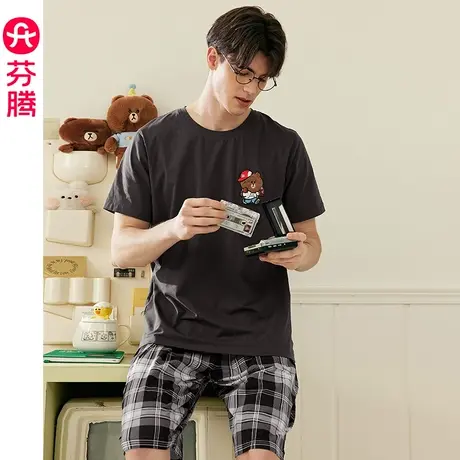 芬腾男士布朗熊睡衣纯棉夏季短袖薄款韩版休闲青年宽松家居服套装商品大图
