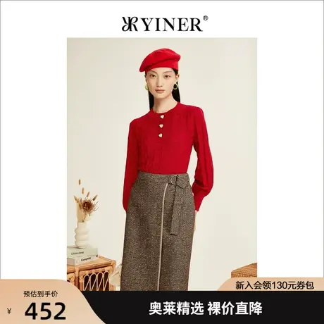 YINER音儿专柜女装2022冬季新款设计感圆领羊毛混纺针织衫套头商品大图