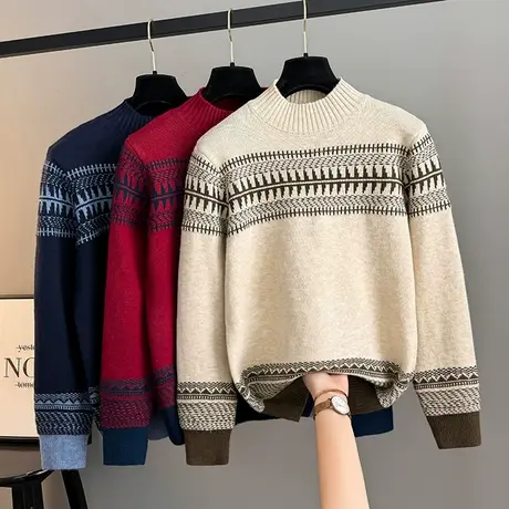 半高领加厚毛衣2025春季新款韩版女装撞色针织衫宽松洋气复古打底商品大图