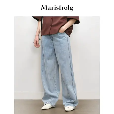 【商场同款】玛丝菲尔2023年秋季新款浅蓝色不规则磨毛直筒牛仔裤图片