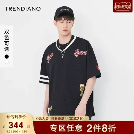 TRENDIANO狂热杯系列半袖网孔T恤男夏季新款潮流V领宽松短袖图片