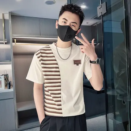 夏季T恤ins潮牌半袖2023新款男装上衣痞帅体恤夏装拼接条纹半截袖商品大图