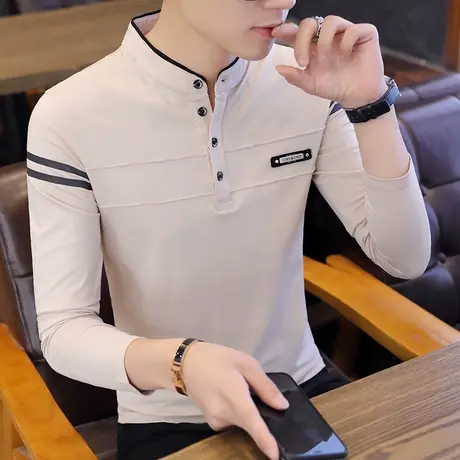 POLO衫男士长袖t恤翻领2021新款春秋季潮牌纯棉上衣服男装体恤厚商品大图