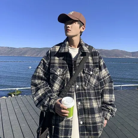 小香风外套男春秋季复古潮牌潮流格子上衣服美式情侣痞帅日系夹克商品大图