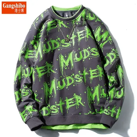 春季新款卫衣男士圆领印花宽松套头衫假两件外套街头休闲潮酷ins商品大图