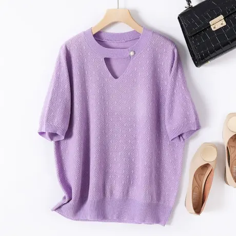 2023夏季新品V领纯色镂空针织衫毛衣短袖套头打底衫上衣女士T恤衫商品大图