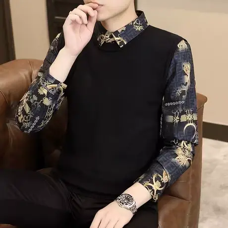 秋冬季时尚假两件毛衣男士潮流打底针织衫上衣加厚带领秋装线衣服图片