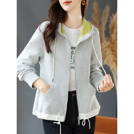 宝诗黎连帽抽绳拼接休闲短外套2023秋季新款棉质宽松拉链开衫卫衣商品大图