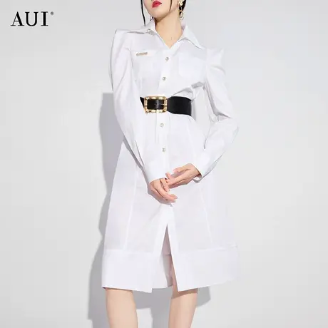 AUI白色灯笼袖衬衫连衣裙女2023春秋新款通勤气质POLO修身中长裙图片