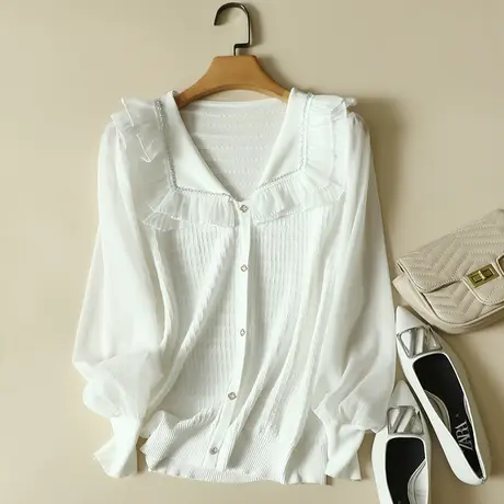 春装2024年新款雪纺袖冰丝针织假开衫女上衣宽松蕾丝打底衫女洋气图片
