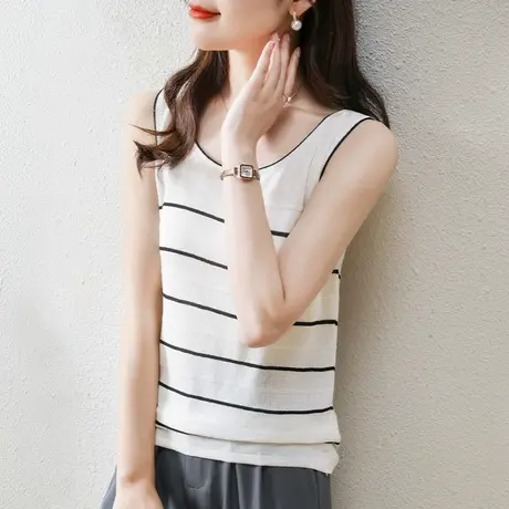 修身无袖冰丝吊带2023新款女士条纹内搭打底上衣夏季简约针织T恤商品大图