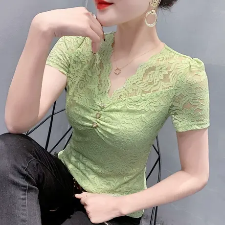性感镂空V领蕾丝衫女夏装设计感洋气上衣时尚百搭显瘦短袖T恤女潮图片