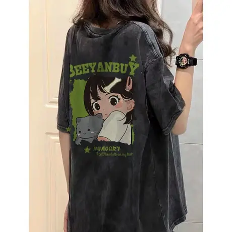 女装夏款新款t恤2023爆款oversize爆款别致美式港味复古纯棉上衣商品大图