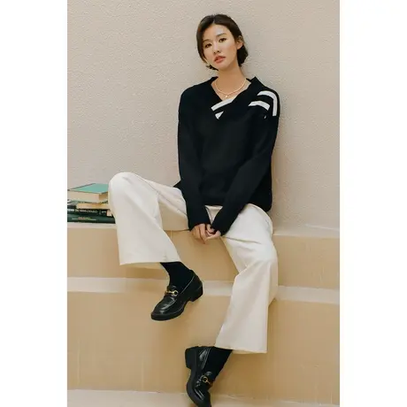 弥古黑色毛衣女慵懒松弛感宽松秋冬撞色条纹v领针织衫上衣中长款商品大图