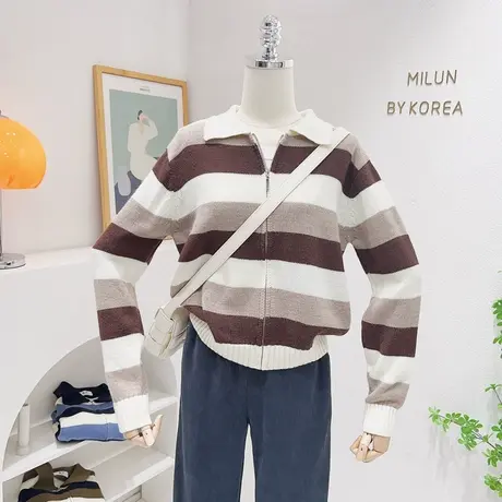 复古法式慵懒粗针毛衣秋冬款加厚条纹polo领针织开衫ins韩系休闲图片