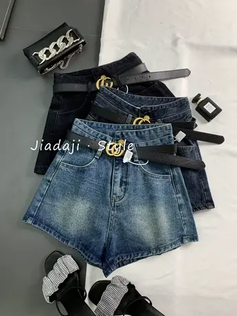 磨白复古腰带牛仔短裤女2023春夏新款显瘦百搭高腰裤阔腿A字短裤图片