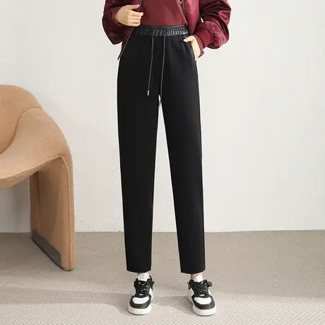 时尚气质松紧腰抽绳九分裤女2023秋冬新款黑色遮胯显瘦口袋直筒裤商品大图