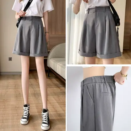 灰色五分西装短裤女夏外穿宽松薄款高腰a字垂感显瘦阔腿直筒中裤商品大图