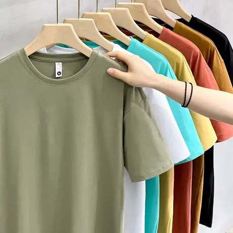 凉感冰丝棉夏季新款男士短袖T恤白宽松半袖上衣纯色打底衫男体恤商品大图