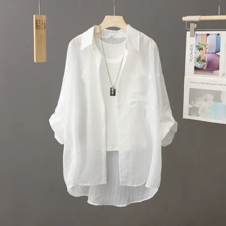 不皱款白色条纹防晒衬衫女长袖宽松百搭户外防晒衫很仙的上衣开衫图片