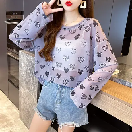 日系人气扎染冰丝打底衫女夏季薄款网纱百搭防晒长袖圆领T恤上衣商品大图