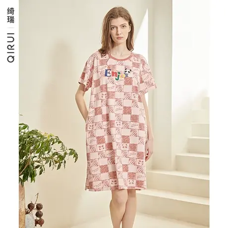 绮瑞睡裙女夏纯棉短袖圆领卡通睡衣女款夏季全棉中长款连衣裙大码商品大图
