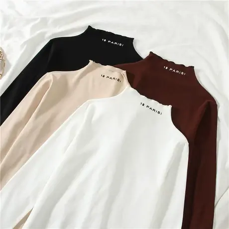 木耳边半高领打底衫女2024春秋冬针织长袖修身ins内搭薄款上衣t恤图片