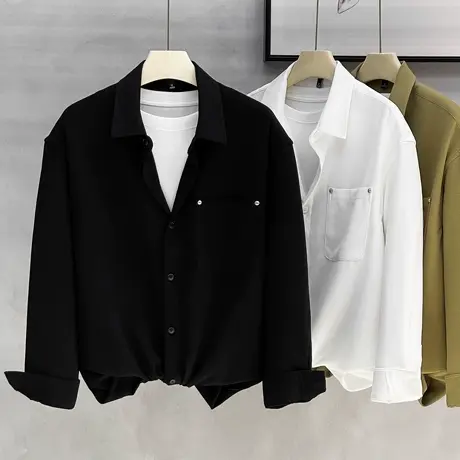 华夫格肌理长袖衬衫男春秋季宽松外套美式休闲男士衬衣外套上衣潮商品大图