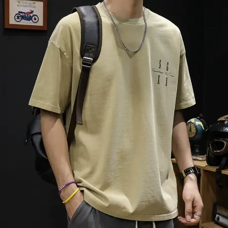 重磅复古短袖t恤男圆领纯棉夏季宽松ins潮牌男士体恤胖子大码半袖商品大图