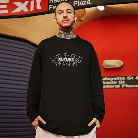 oversize港风潮牌国潮ins简约长袖T恤男士潮宽松加肥加大码男装春商品大图