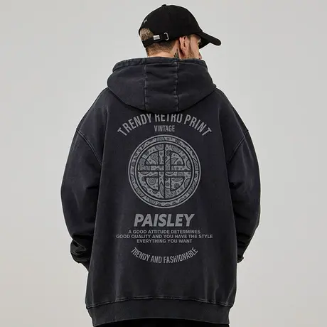 大码连帽美式重磅复古胖子男装潮流宽松做旧卫衣加绒加厚春秋男款商品大图