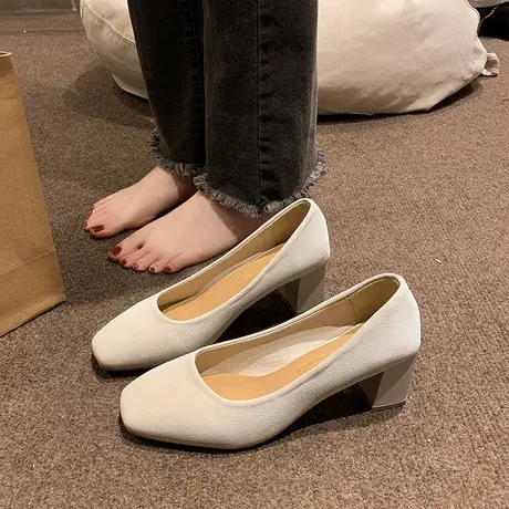 单鞋女中跟2024年春季新款时尚方头浅口女鞋粗跟一脚蹬法式职业鞋商品大图