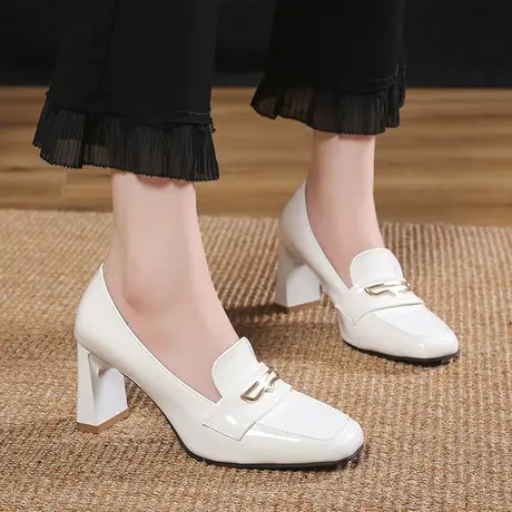 法式高跟鞋女2024新款秋季粗跟单鞋一脚蹬皮鞋女款乐福鞋小皮鞋图片