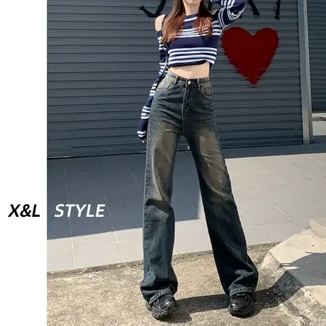 美式复古微喇叭牛仔裤女秋冬2023新款高腰显瘦设计感窄版直筒裤子商品大图