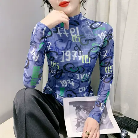 性感网纱字母印花打底衫女长袖气质半高领内塔上衣修身T恤ins秋冬商品大图