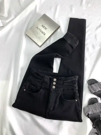 绑带排扣加绒牛仔铅笔裤2023冬季新款显瘦百搭高腰弹力包臀九分裤商品大图