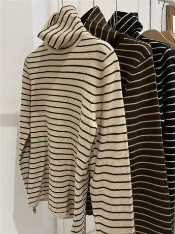 经典返场！小宽松复古撞色高领堆堆领条纹打底针织衫毛衣内搭上衣商品大图