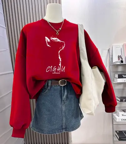 冬季卫衣胖mm设计感大红色喜庆加绒外套ins潮大码龙年闺蜜装上衣商品大图