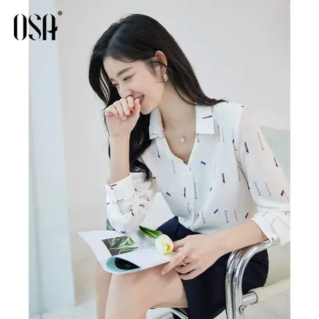 OSA欧莎白色长袖雪纺衬衫春装女2023年新款设计感小众印花v领衬衣商品大图