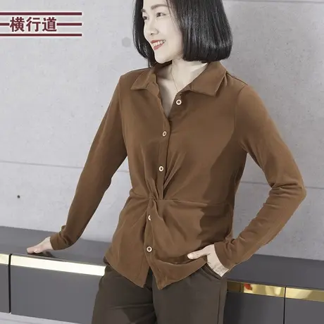 2024春季新款休闲淑女翻领收腰纯色排扣长袖T恤女装内搭上衣大码商品大图