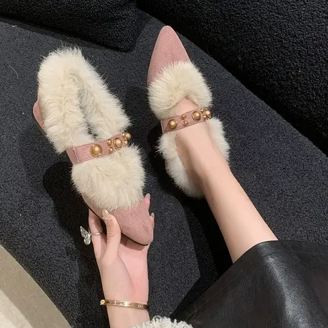 单鞋女中粗跟毛毛鞋女外穿秋冬季尖头浅口法式晚晚鞋棉鞋加绒女鞋商品大图