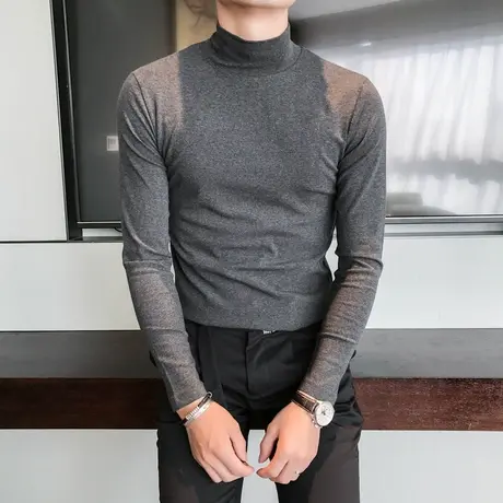 秋冬潮男修身纯色半高领长袖T恤韩版时尚中领社会紧身小伙打底衫商品大图