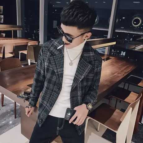 潮男呢子西服秋冬毛呢短款修身夹克社会小伙网红潮牌时尚休闲外套商品大图