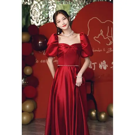 敬酒服新娘女夏季薄款小个子2023新款酒红色平时可穿缎面订婚礼服商品大图