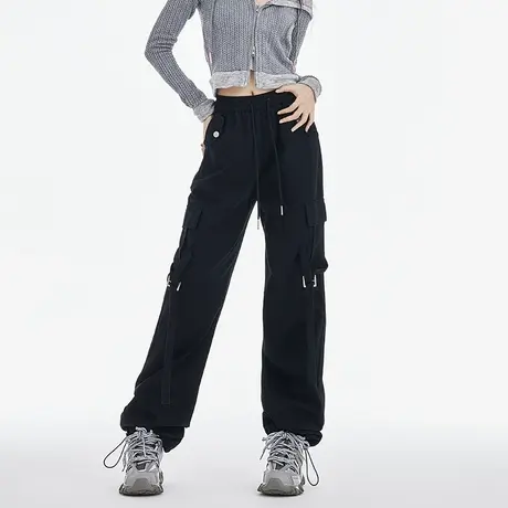 黑色美式休闲工装裤女春秋2024新款运动裤松紧腰抽绳阔腿降落伞裤图片