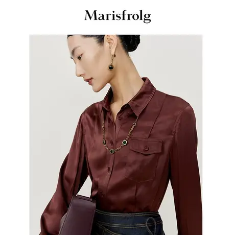 【真丝】玛丝菲尔春季新款深咖色缎面衬衫优雅有气质图片